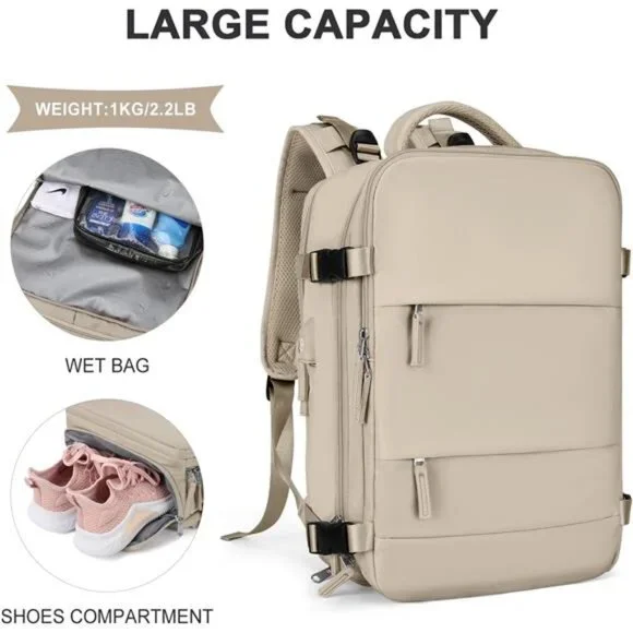 Unisex Large Travel Backpack Waterproof Rucksack Casual Daypack, Khaki - Picture 3 of 6